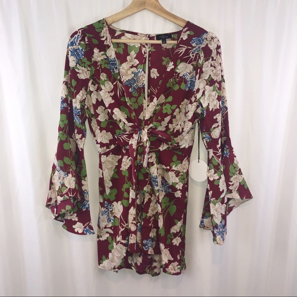 Wine Floral Plunging Tie-Front Bell Sleeve Romper - Picture 5 of 6
